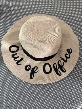 “Out of Office” Straw Boater Hat Black Ribbon Wide Brim Vacation Summer M/L